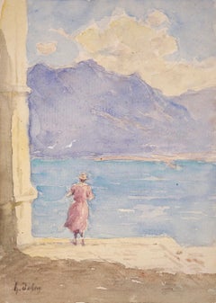By Lake Geneva - Impressionist Watercolor, Figure in Landscape by Henri Duhem