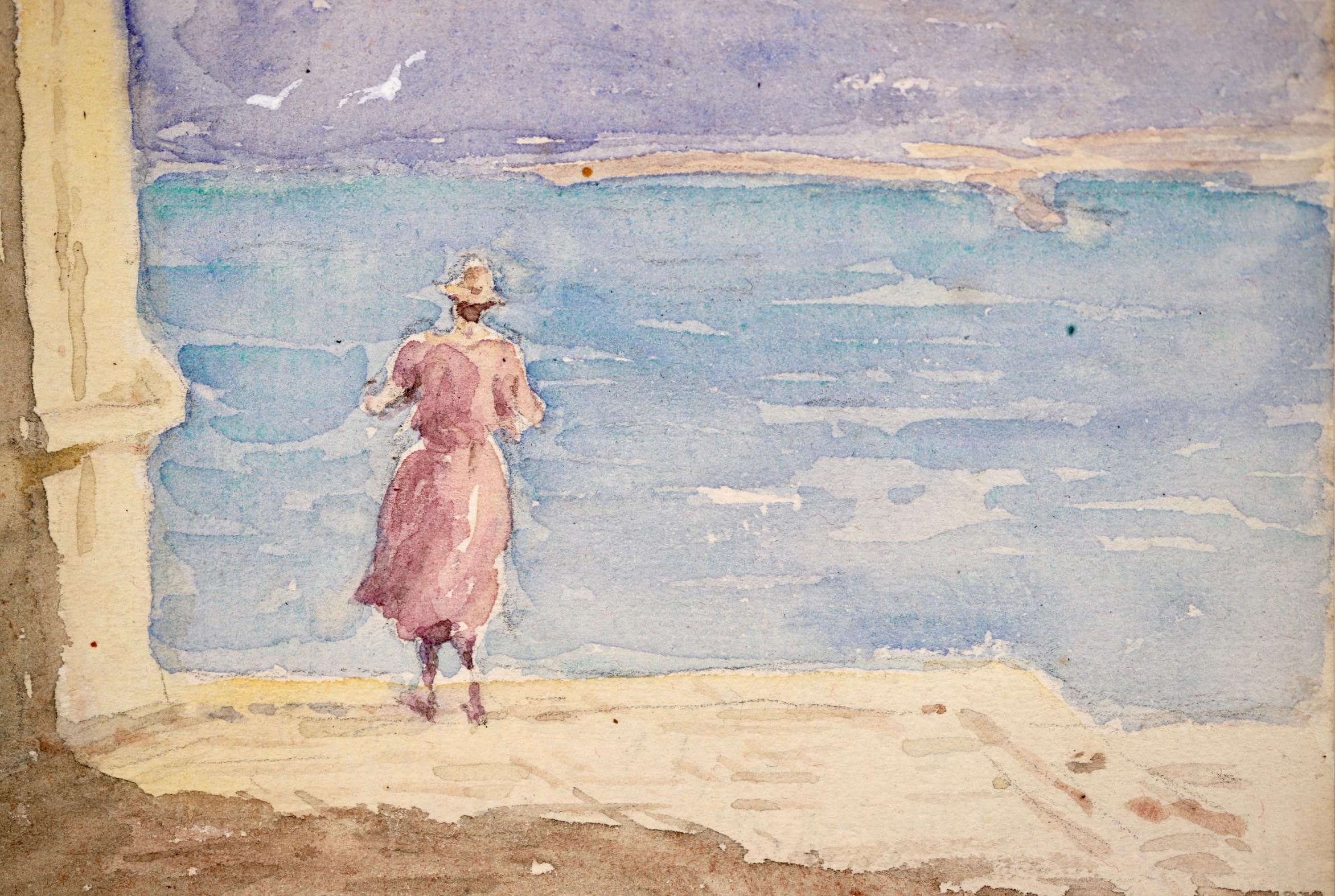 By Lake Geneva - Impressionist Watercolor, Figure in Landscape by Henri Duhem For Sale 2
