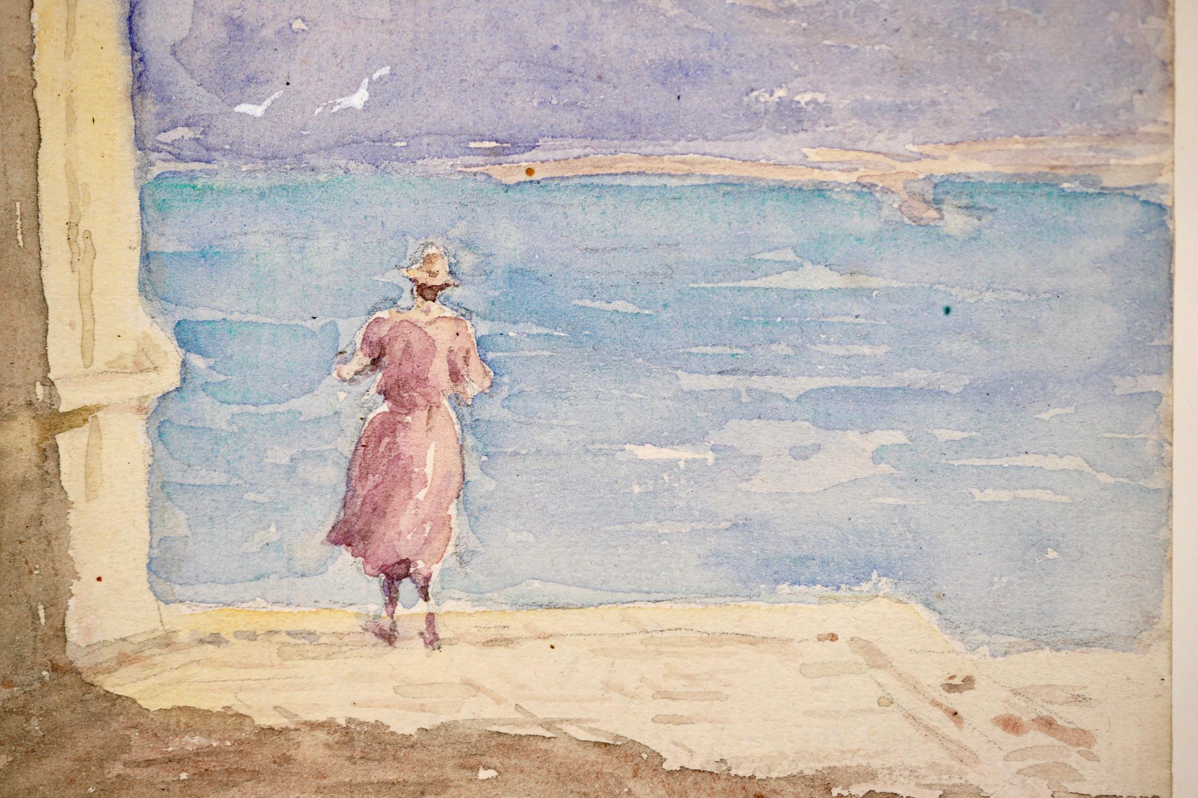 By Lake Geneva - Impressionist Watercolor, Figure in Landscape by Henri Duhem For Sale 3