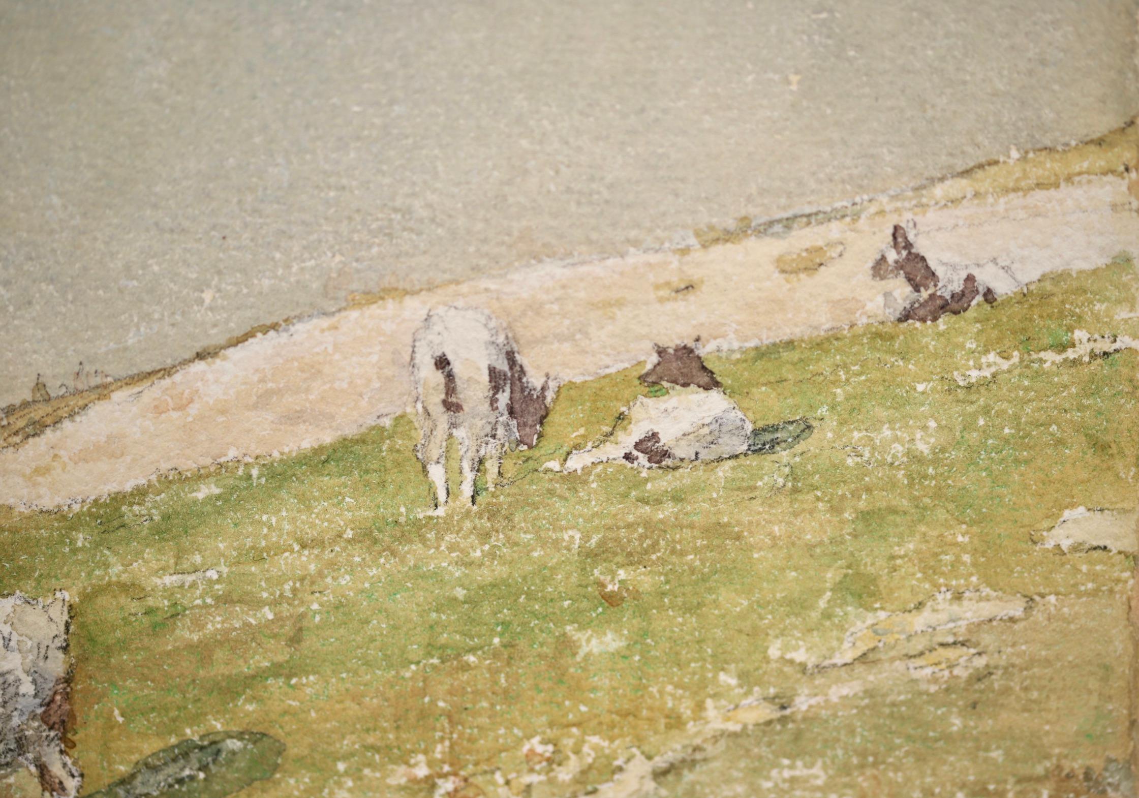 Vaches dans le paysage - Impressionist Watercolor, Cows in Landscape by H Duhem - Beige Landscape Art by Henri Duhem