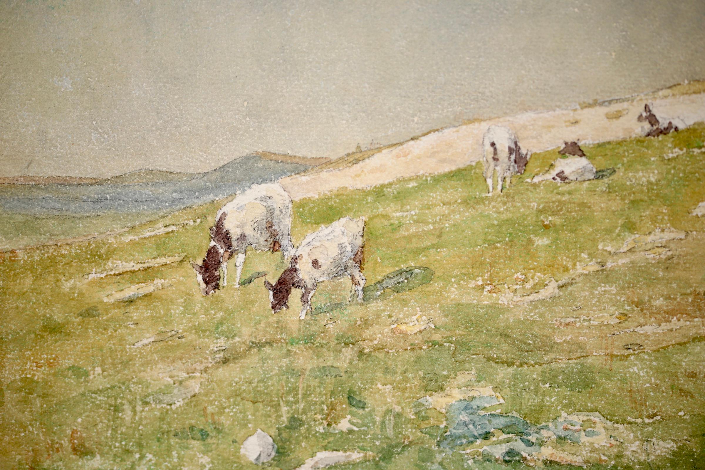 A wonderful watercolour on paper circa 1920 by French impressionist painter Henri Duhem. The work depicts black and white Friesian cows in large green grassland beneath a blue sky.

Signature:
Signed lower left 

Dimensions:
Unframed: 11.5