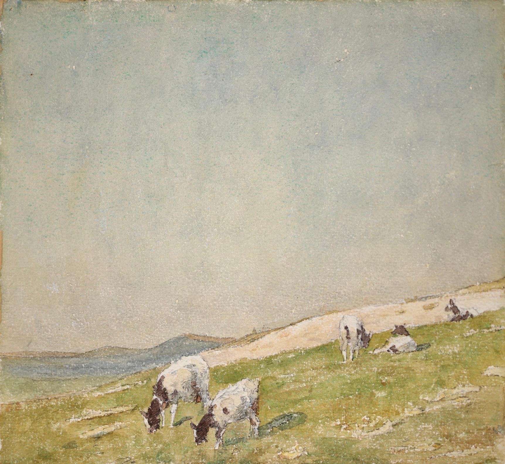 Vaches dans le paysage - Impressionist Watercolor, Cows in Landscape by H Duhem 1