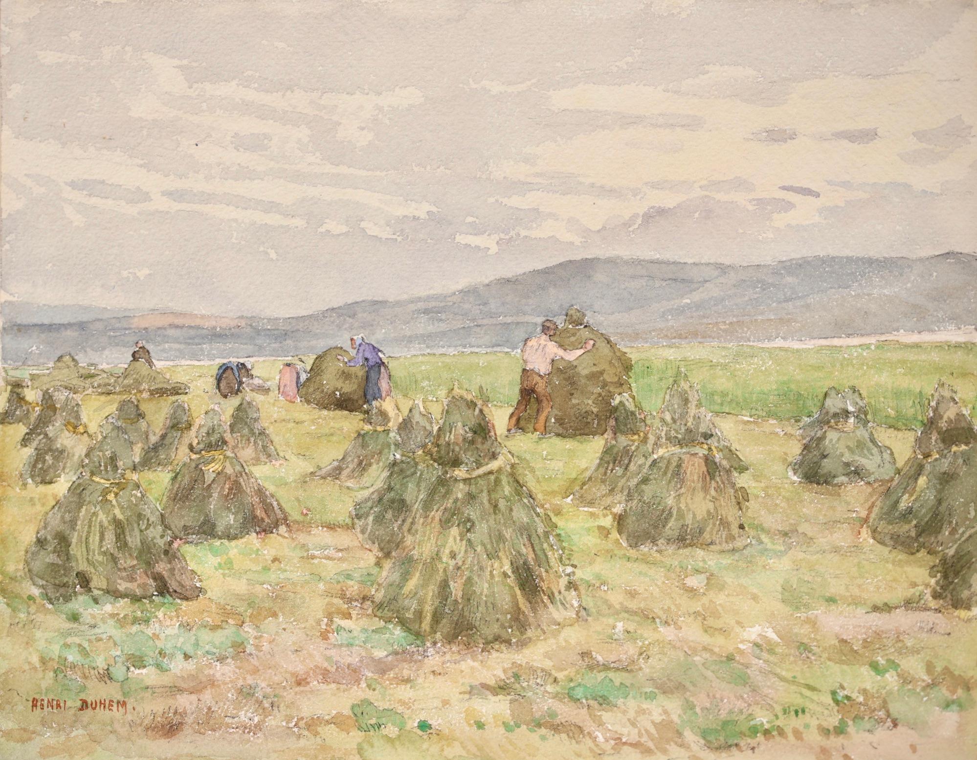 A wonderful watercolour on paper circa 1920 by French impressionist painter Henri Duhem. The work workers in a field making hay.

Signature:
Signed lower left 

Dimensions:
Unframed: 9"x11.5"
This painting is not currently framed but a suitable
