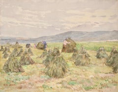 Haymaking - Impressionist Watercolor, Figures in Landscape by Henri Duhem