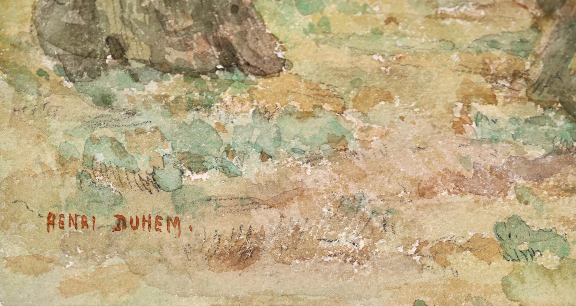 Haymaking – Impressionistisches Aquarell, Figuren in Landschaft von Henri Duhem im Angebot 1