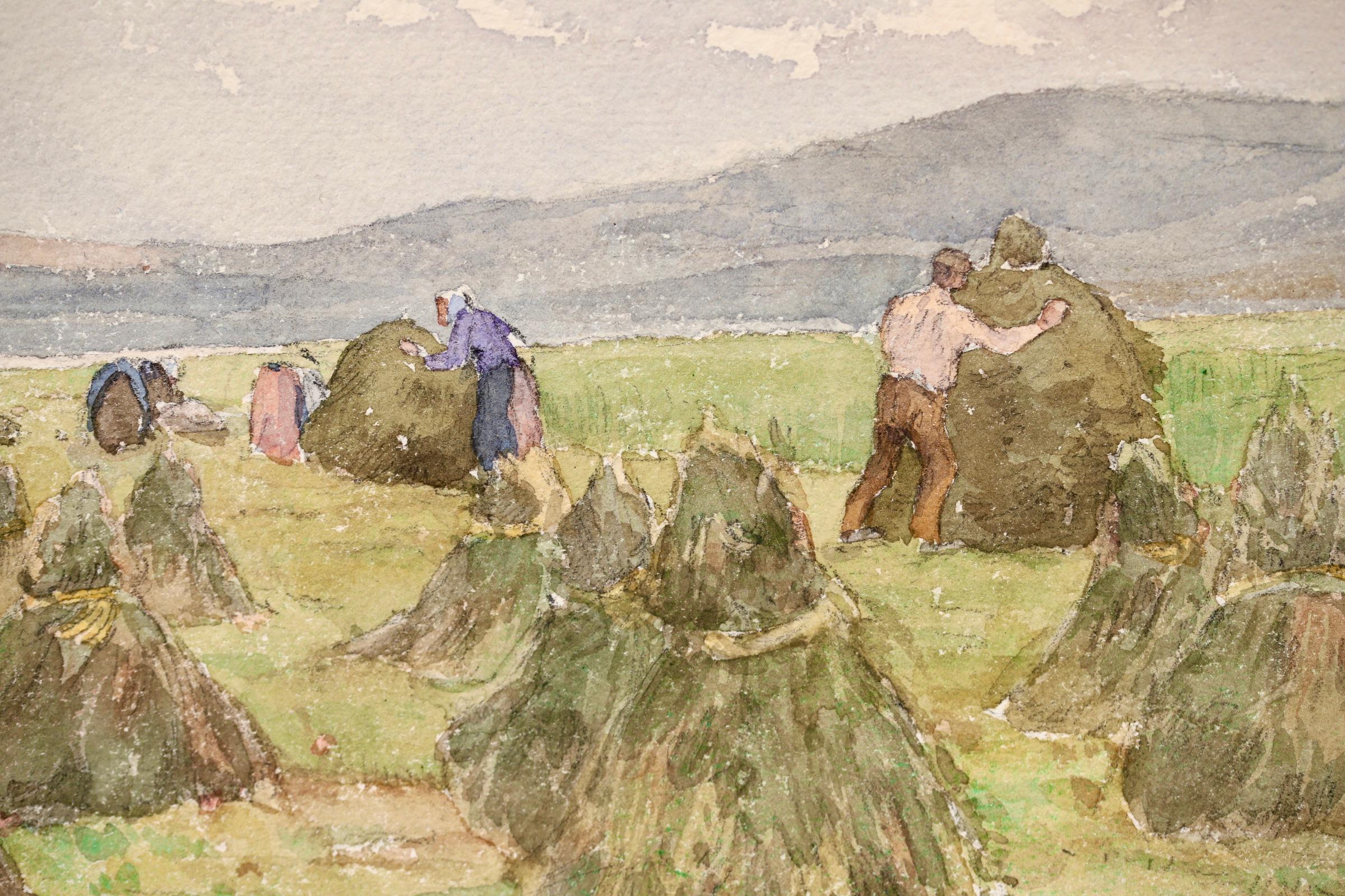 Haymaking – Impressionistisches Aquarell, Figuren in Landschaft von Henri Duhem im Angebot 2