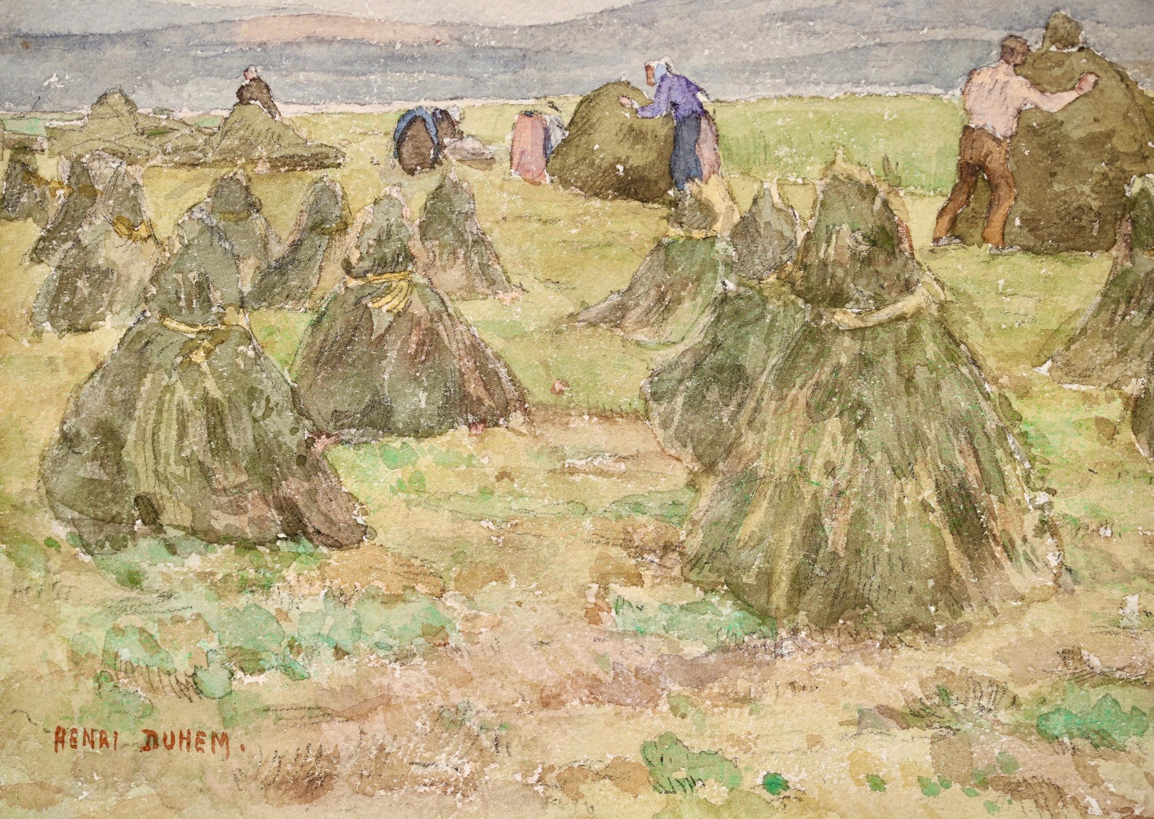 Haymaking – Impressionistisches Aquarell, Figuren in Landschaft von Henri Duhem im Angebot 3