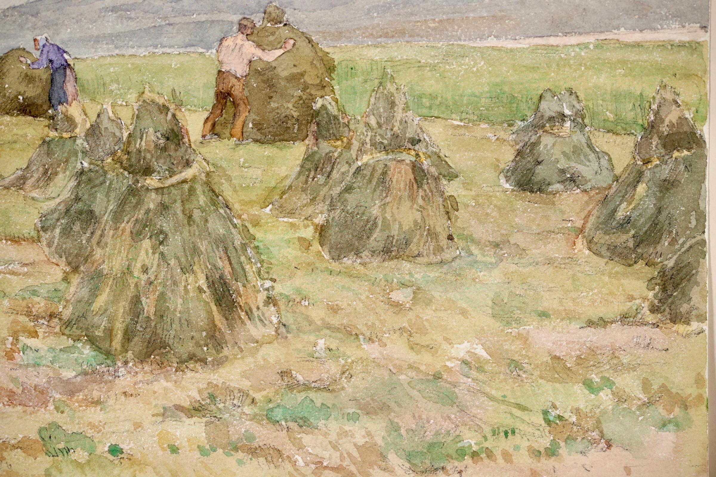 Haymaking - Impressionist Watercolor, Figures in Landscape by Henri Duhem For Sale 4