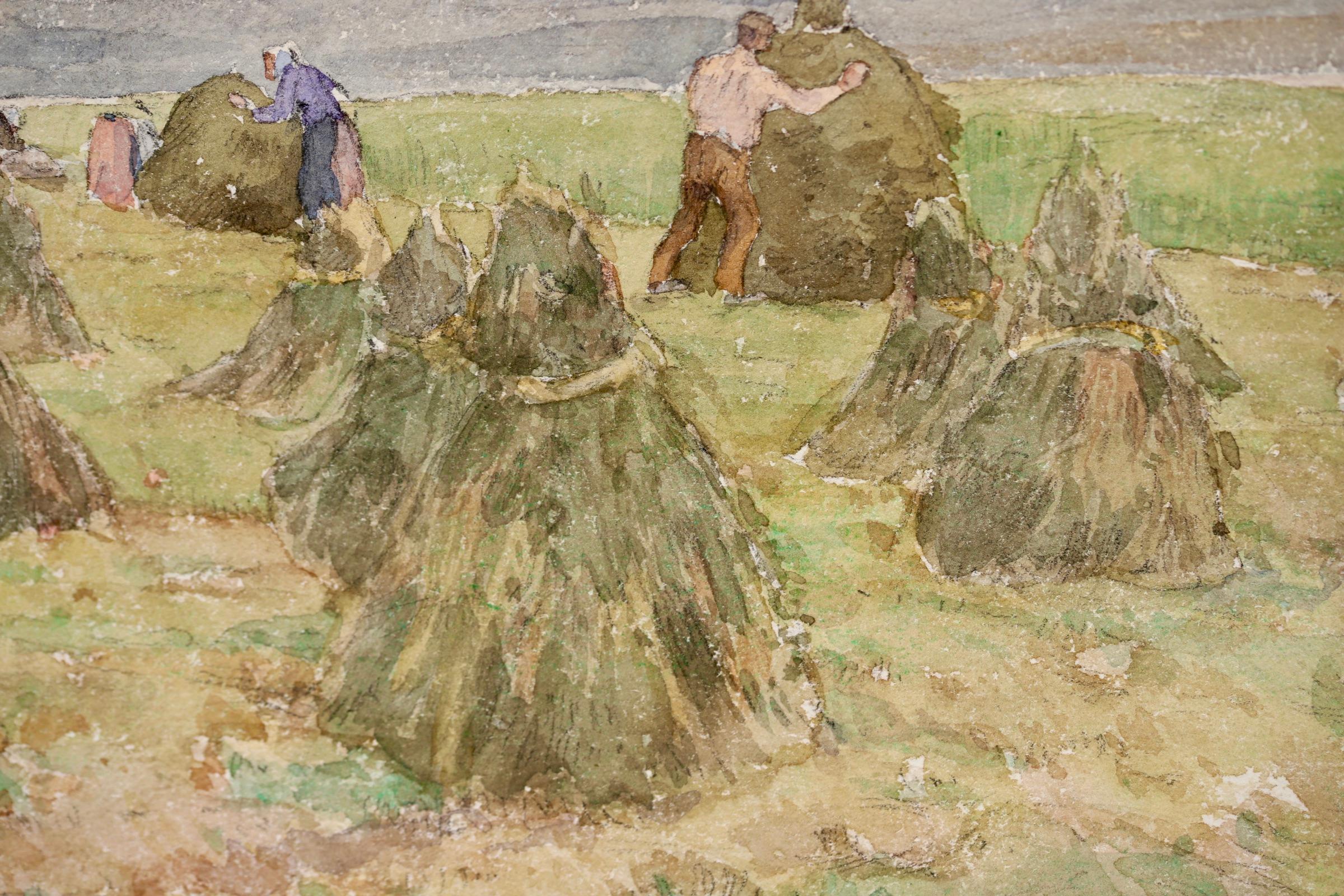 Haymaking – Impressionistisches Aquarell, Figuren in Landschaft von Henri Duhem im Angebot 7
