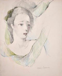 Antique Portrait de Femme - Cubist Pencil Drawing, Portrait of Woman by Marie Laurencin