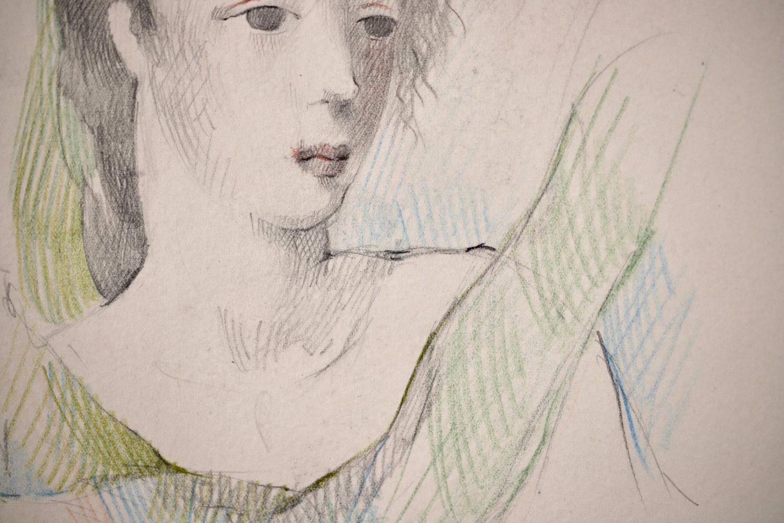 A beautiful and elegant portrait drawing of a young woman circa 1920 by French artist Marie Laurencin. The subject has her hair tied back and has a scarf flowing across her chest and behind her back. The work has been draw in coloured pencils - the