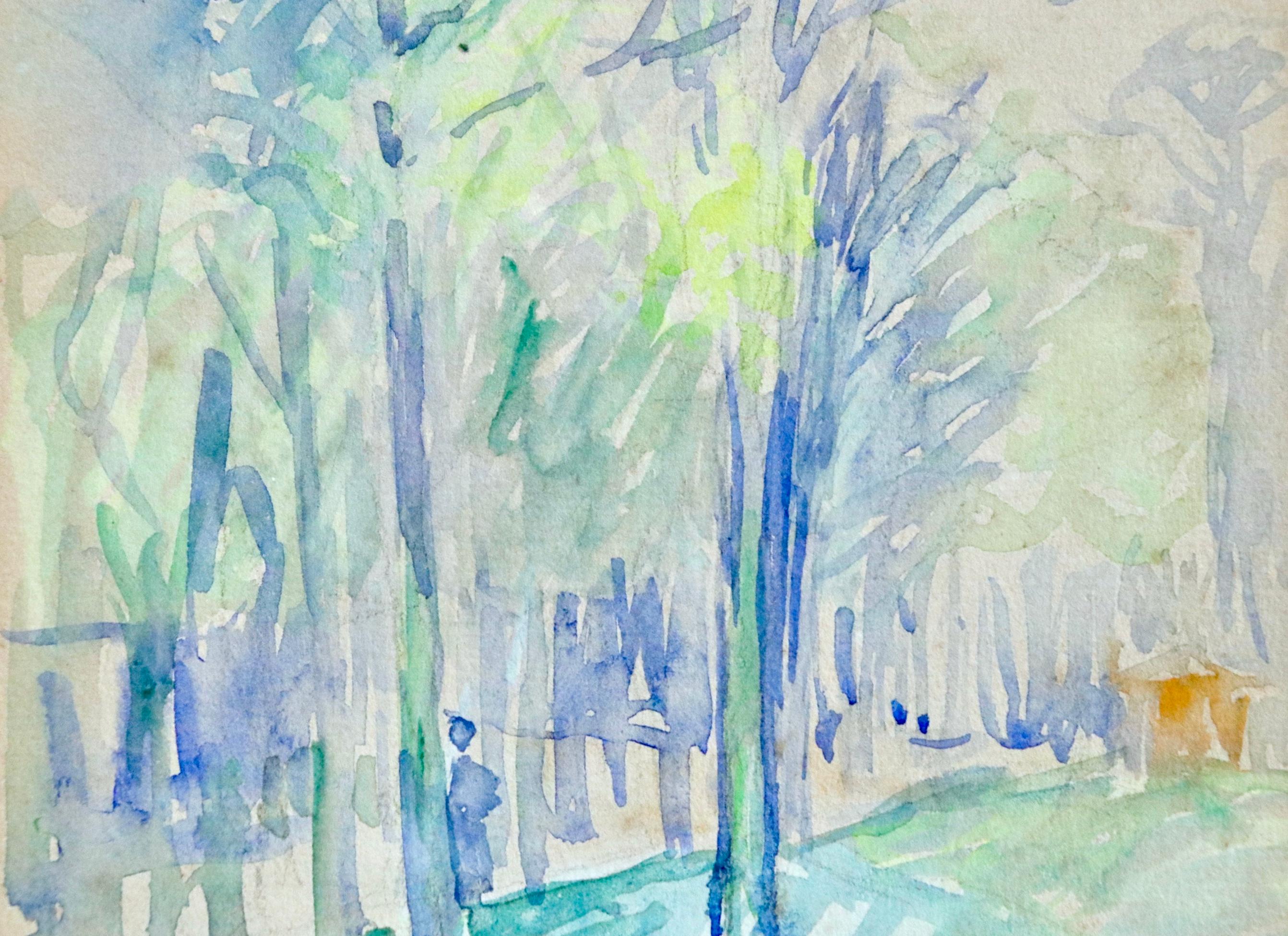A lovely watercolour on paper circa 1900 by French neo-impressionist painter Henri Edmond Cross. The work depicts a figure in an alley of trees brushed in cool shades of blue and green. 

Signature:
Stamped with the cachet of the artist's sale lower