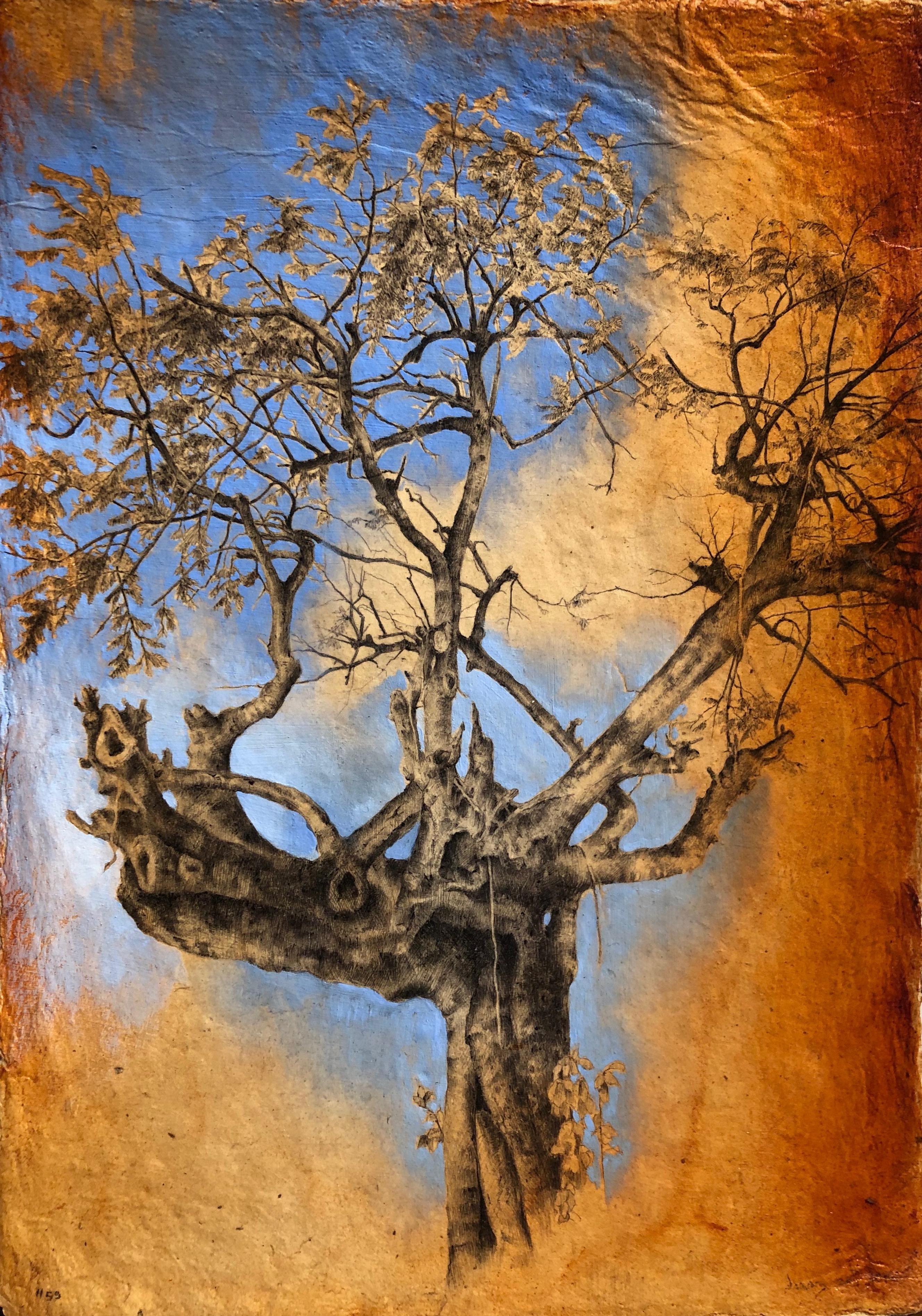 Tree #55, contemporary realist ballpoint pen and gouache nature still life