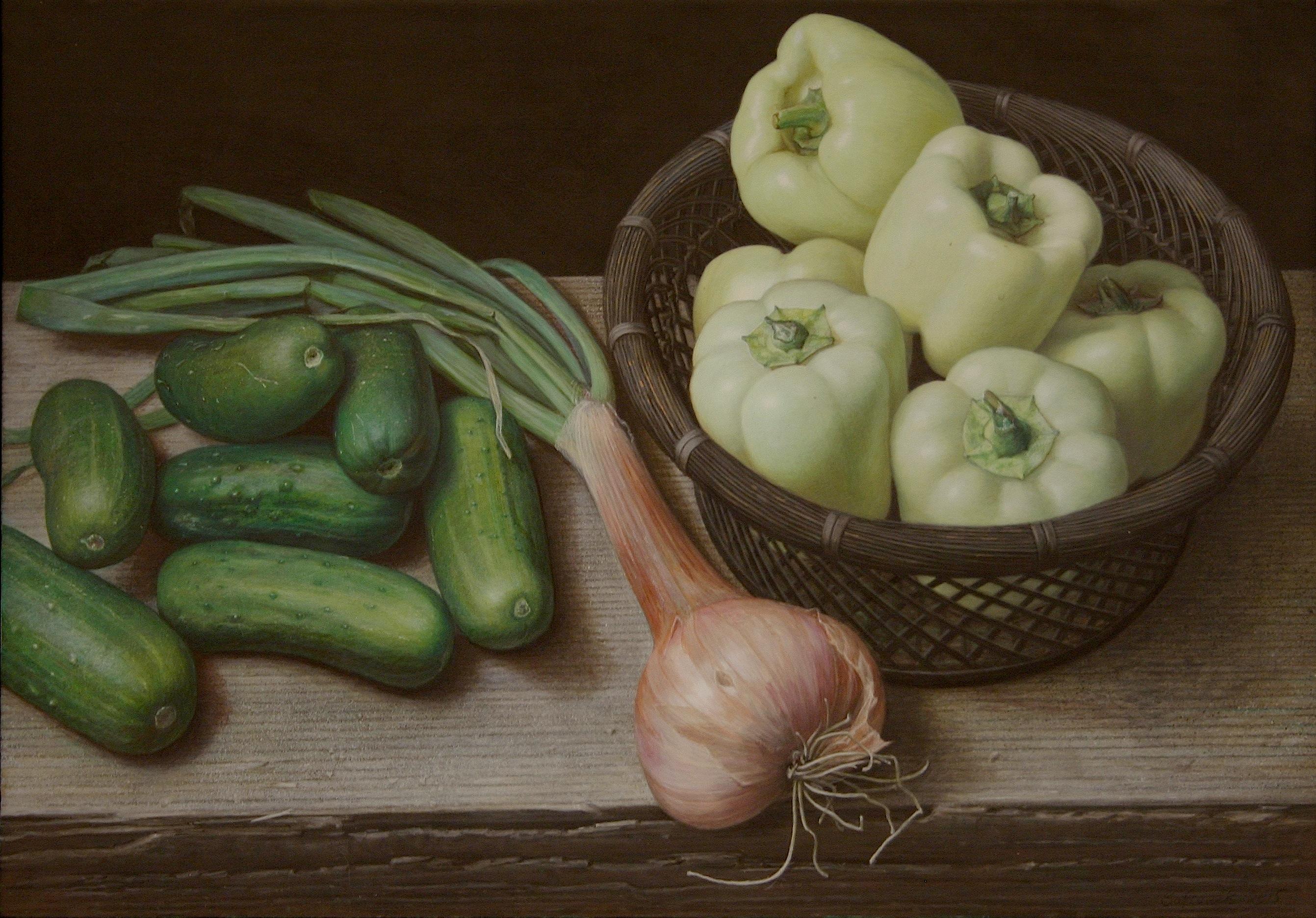 Douglas Safranek Still-Life Painting - White Peppers, Gherkins, and a Shallot, egg tempera surrealist still life