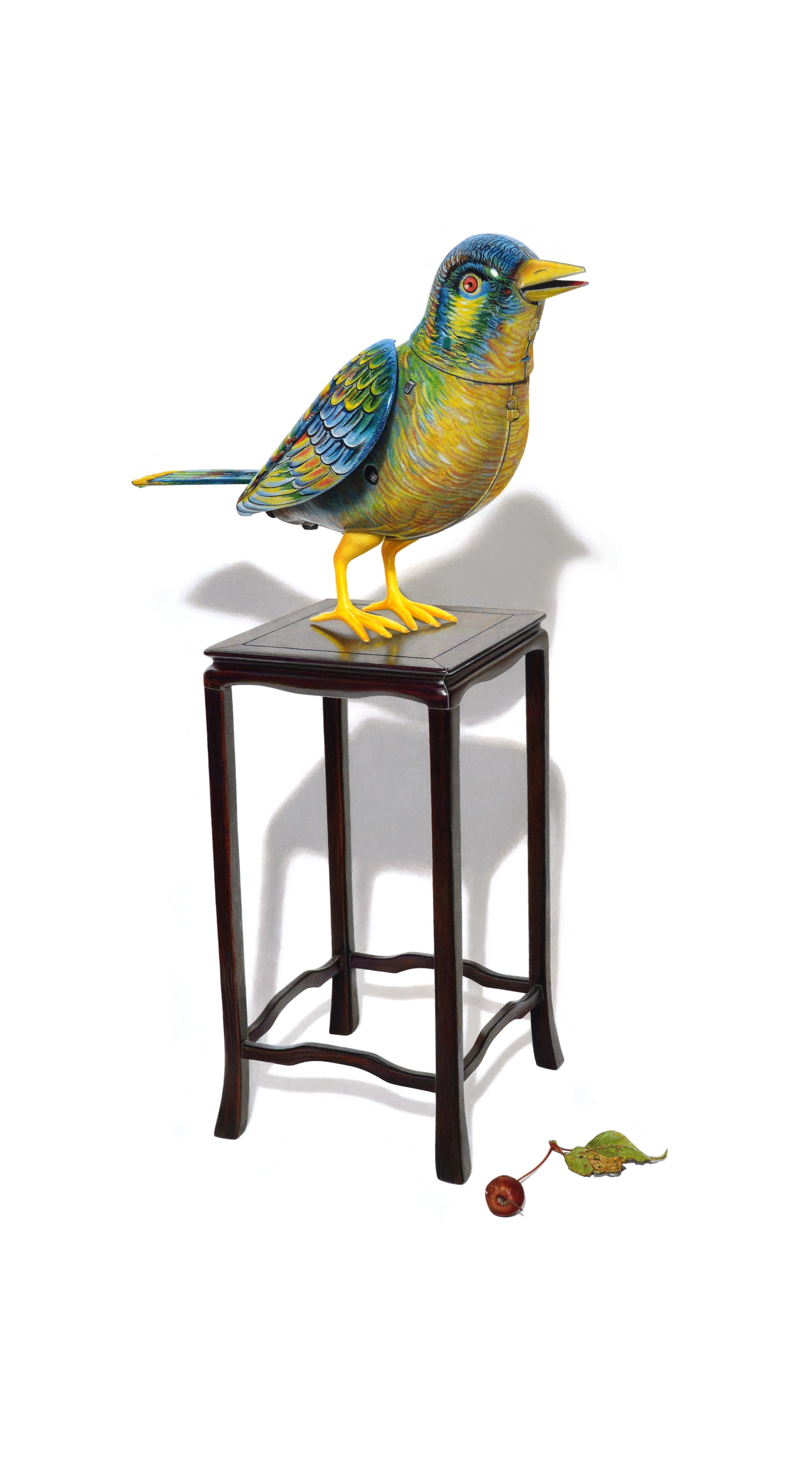 David Morrison, Wind-Up Bird No. 3, hyperrealist color pencil animal drawing