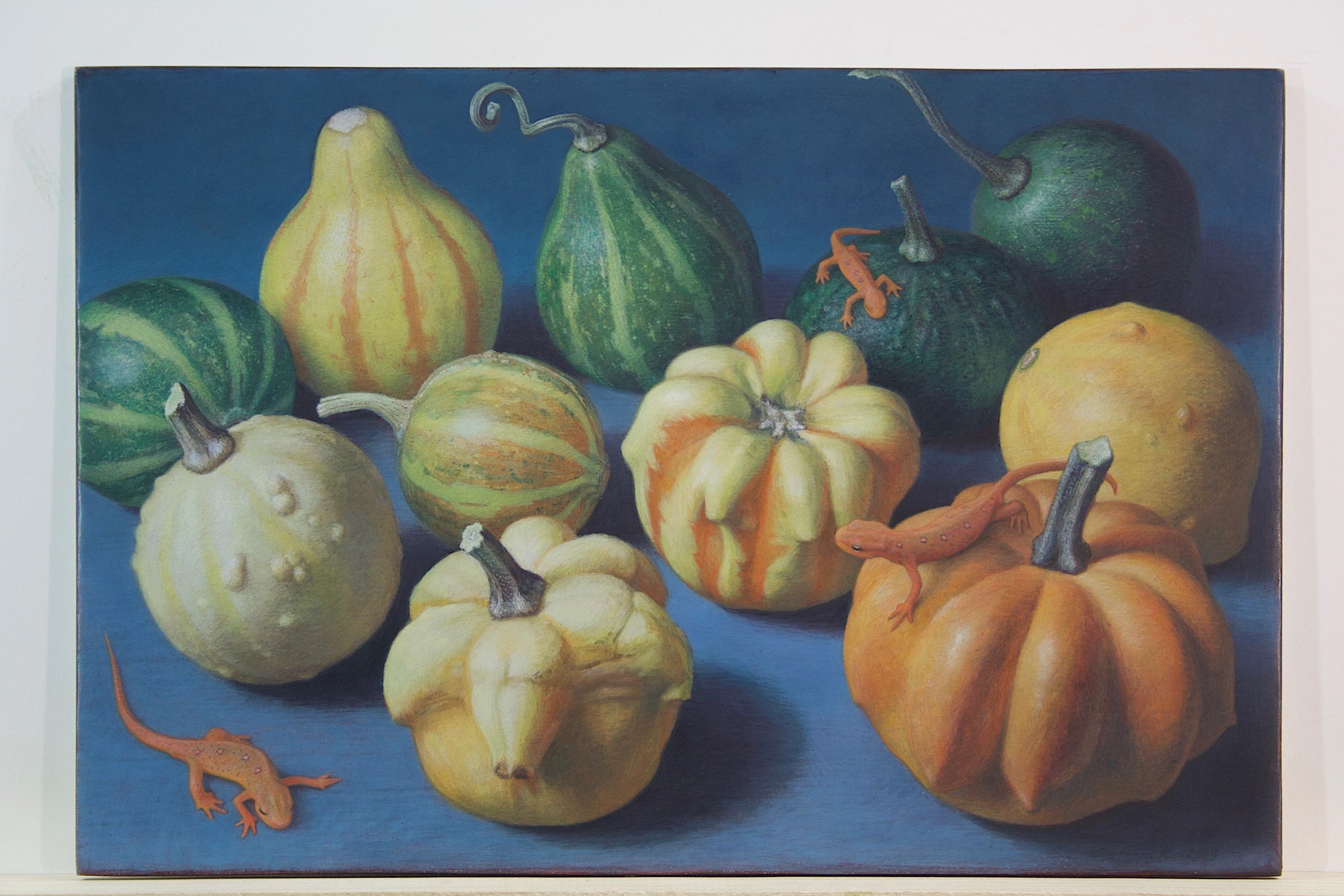 Douglas Safranek Still-Life Painting - Doug Safranek, Spring Newts and Autumn Gourds, egg tempera animal painting