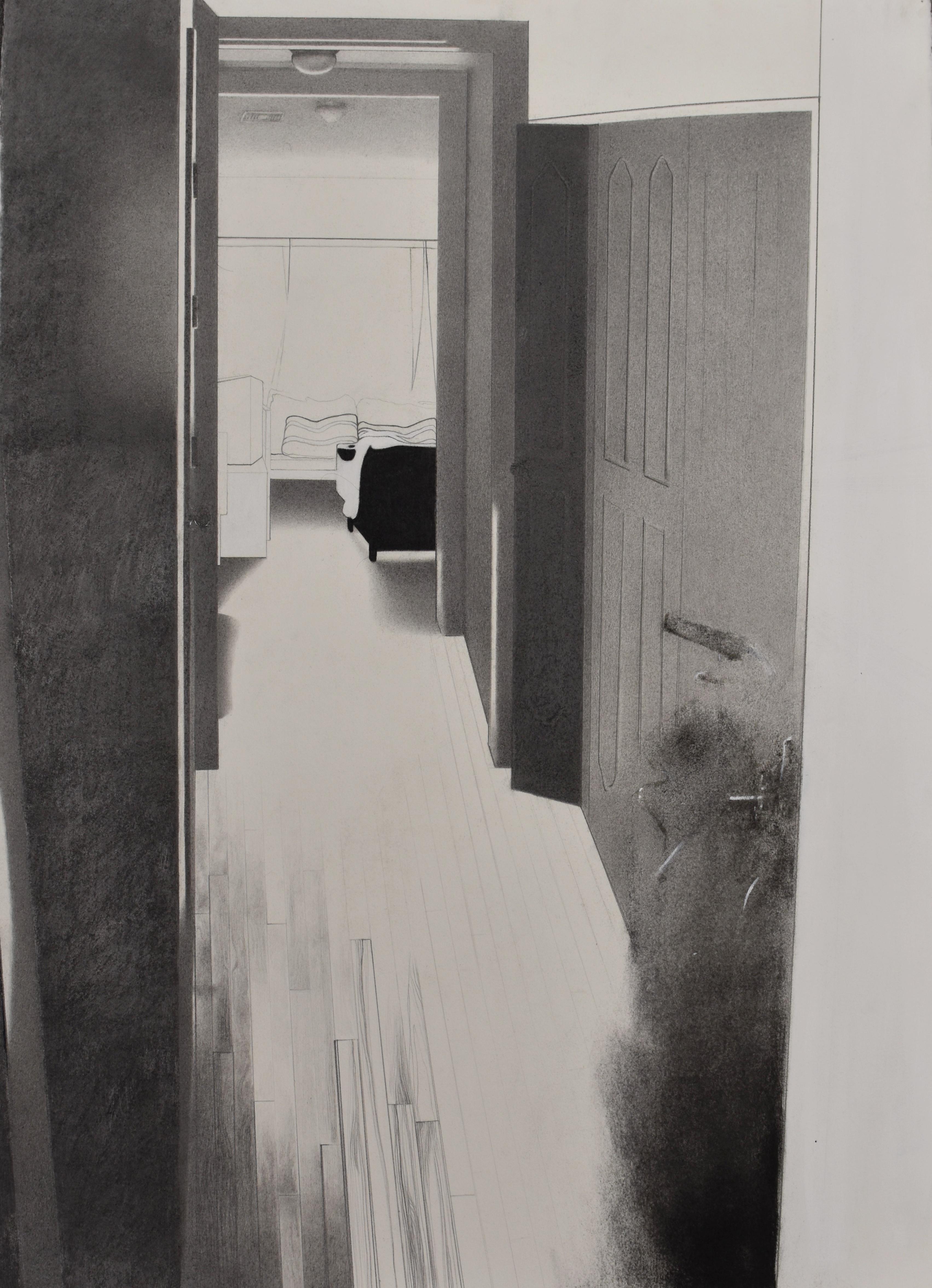 Eileen Murphy Interior Art - Last Hallway, graphite and gouache realist interior drawing