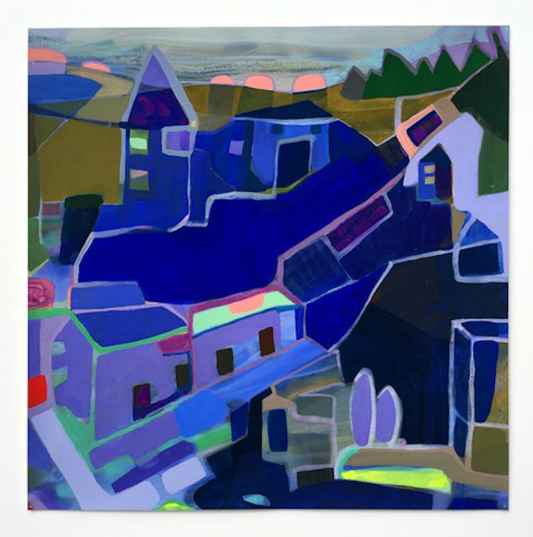 New Neighbor, dream-like blue abstract gouache landscape