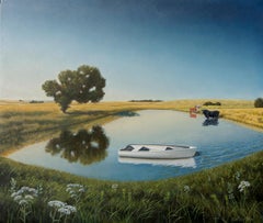 Boat and Pond, realist landscape and animal oil painting, 2020