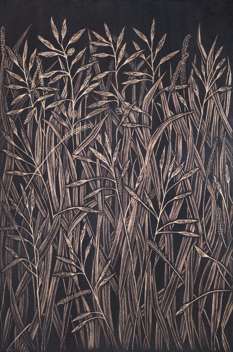 Margot Glass Landscape Art - Small Grasses #4, contemporary realist gold point botanical still life drawing