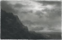 Raptors, high cliffs, realist northeastern landscape drawing, charcoal