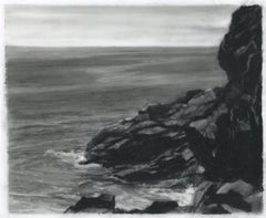 Mohegan, rocks, black and white realist northeastern landscape drawing, charcoal