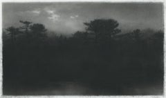 Streamside, black and white realist northeastern landscape drawing, charcoal