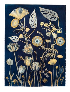 Cyanotype Painting (Gold Tulips, Leaves, etc.), floral still life