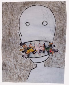 Lunch, outsider art figurative drawing, graphite, pastel, and collage, 2014