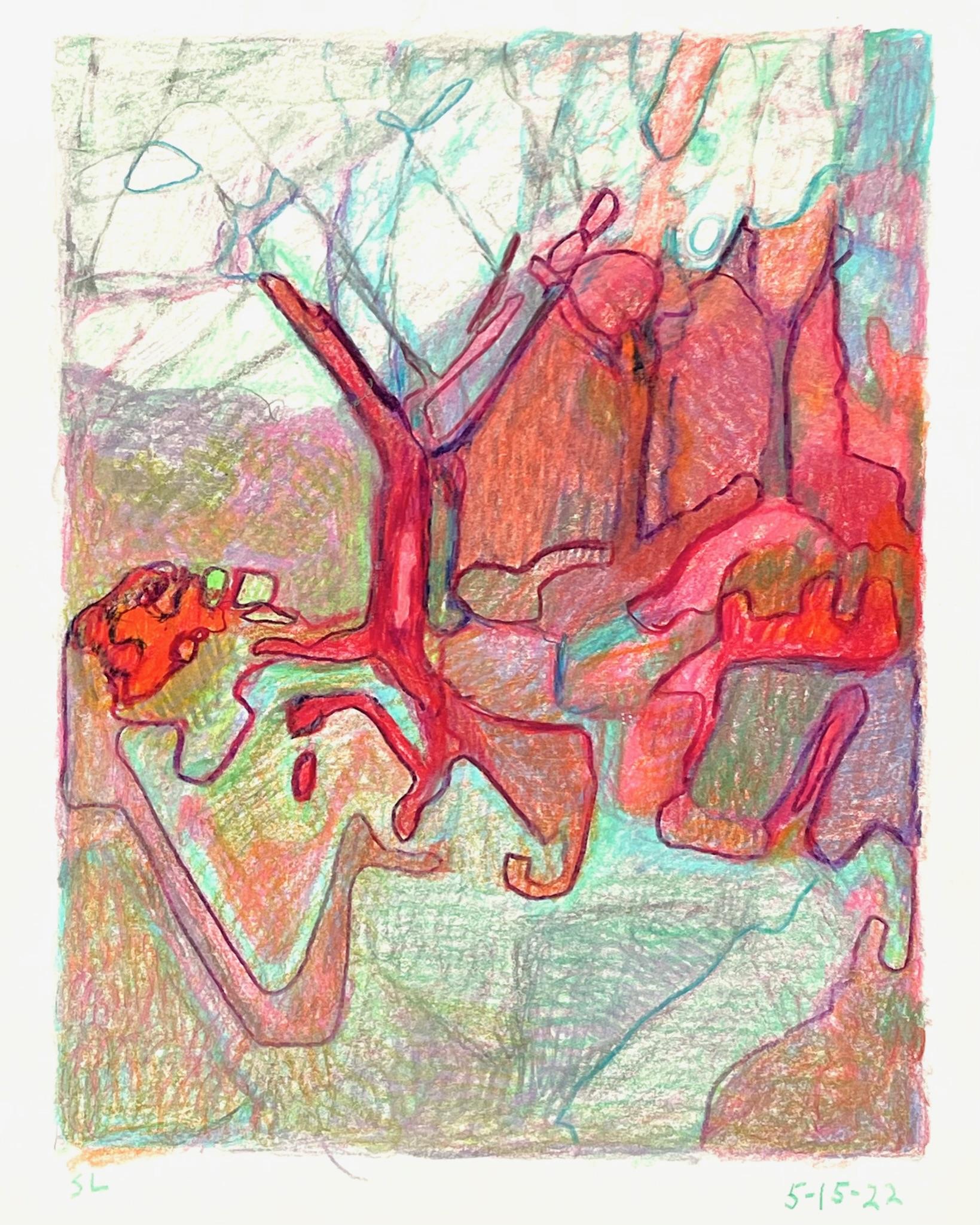 5-15-22, dessin de paysage abstrait impressionniste au crayon en couleur