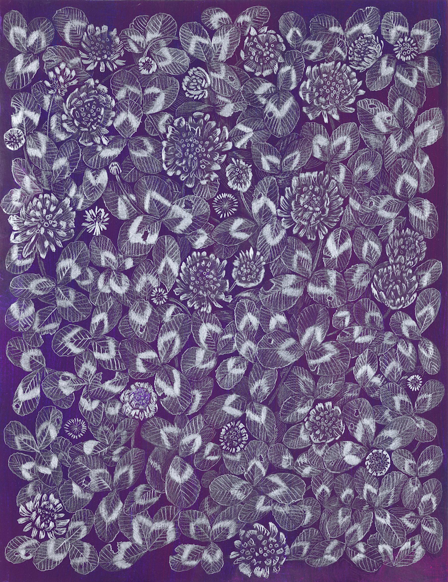 Margot Glass Still-Life - Clover (purple), patterned floral still life drawing