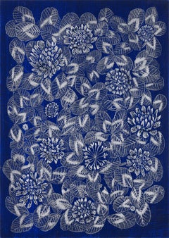 Blue Clover 1, patterned floral still life drawing