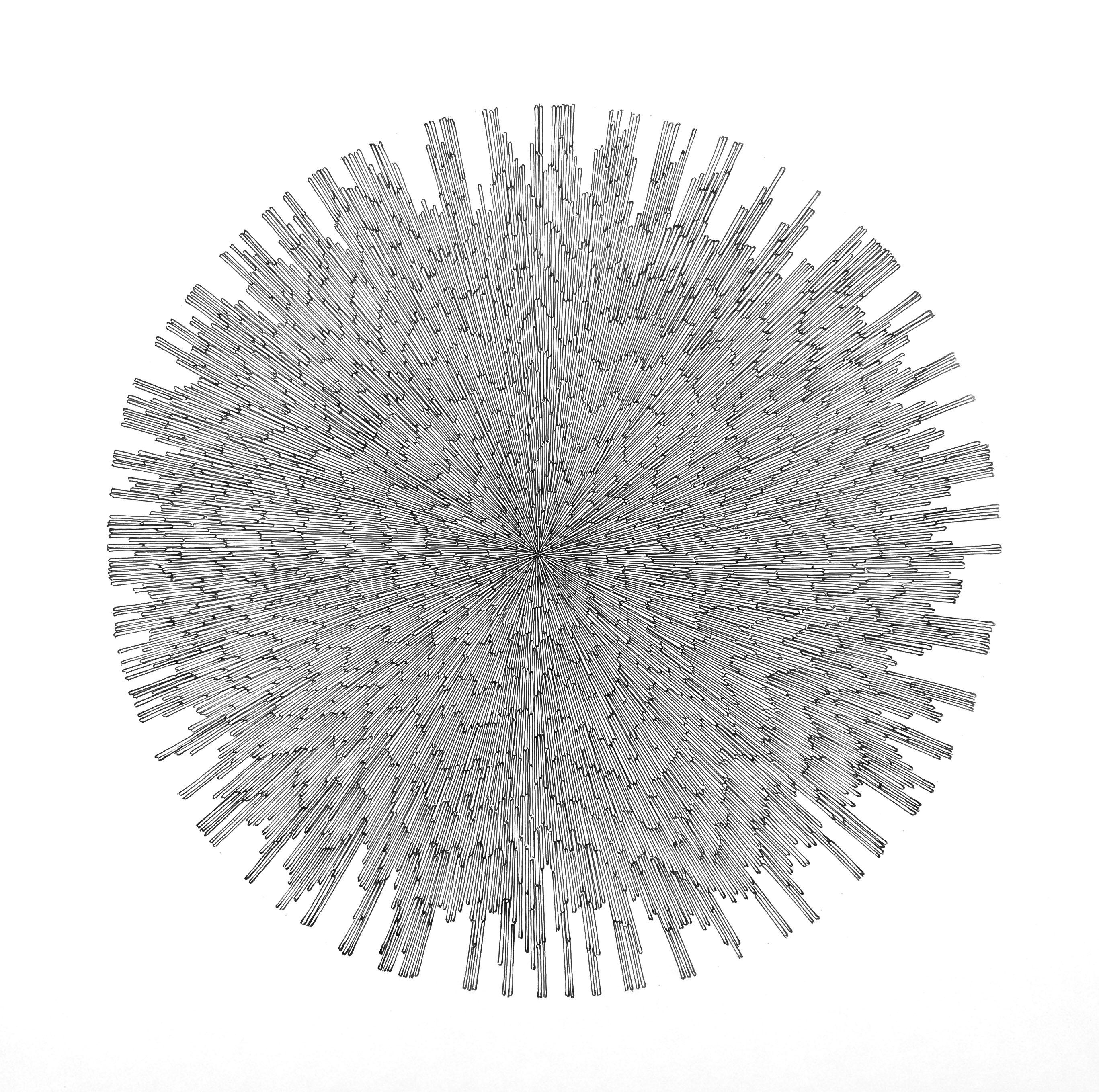 Geometrie 1, un disegno geometrico ad inchiostro nero altamente dettagliato su pannello rivestito di argilla
