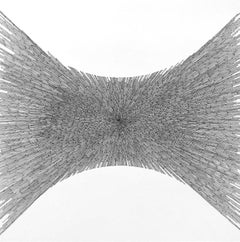 Swing, un disegno geometrico a inchiostro nero altamente dettagliato su pannello rivestito di argilla.