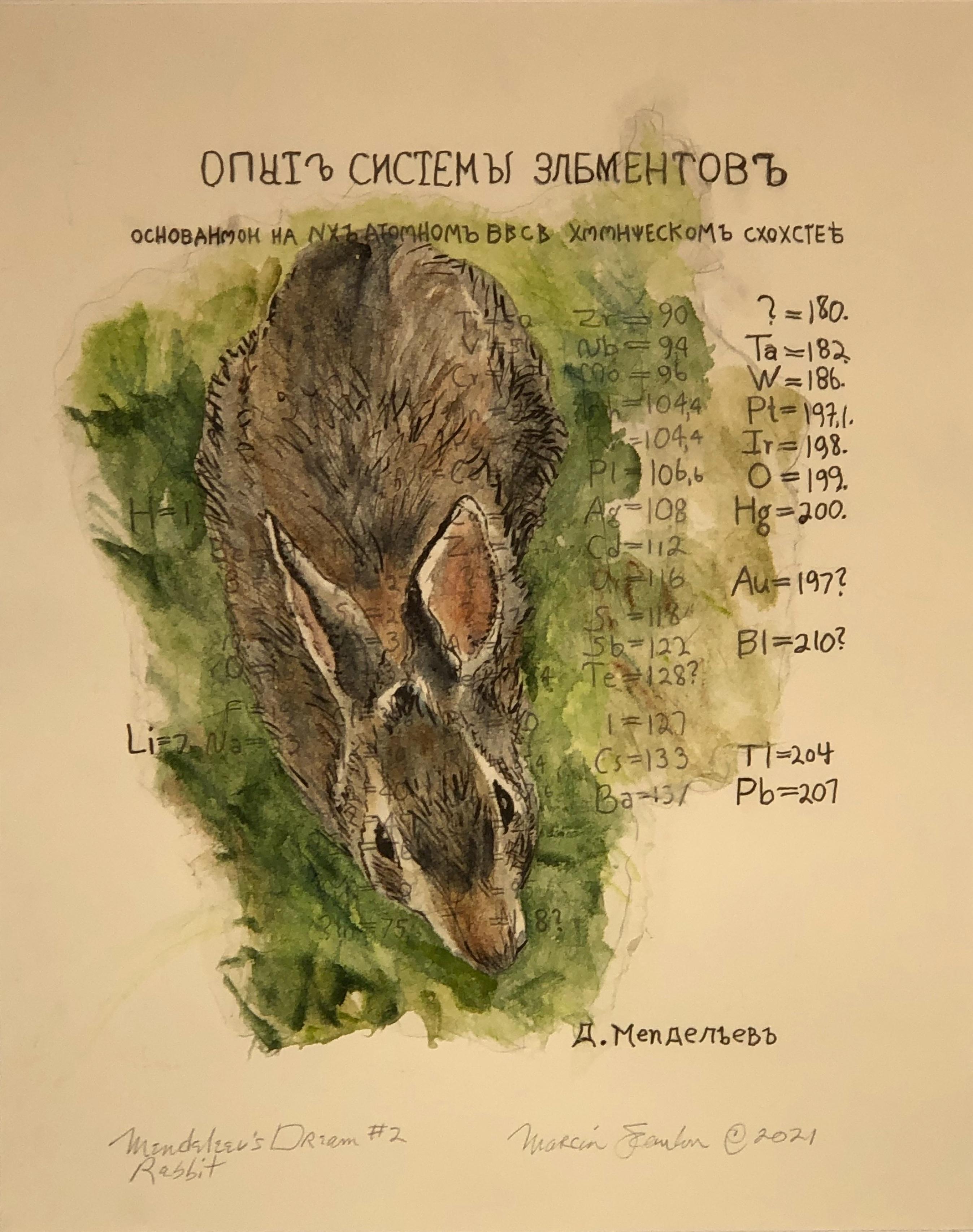 Marcia Scanlon Animal Art - Rabbit, Mendeleev’s Dream Series, watercolor collage on layered paper