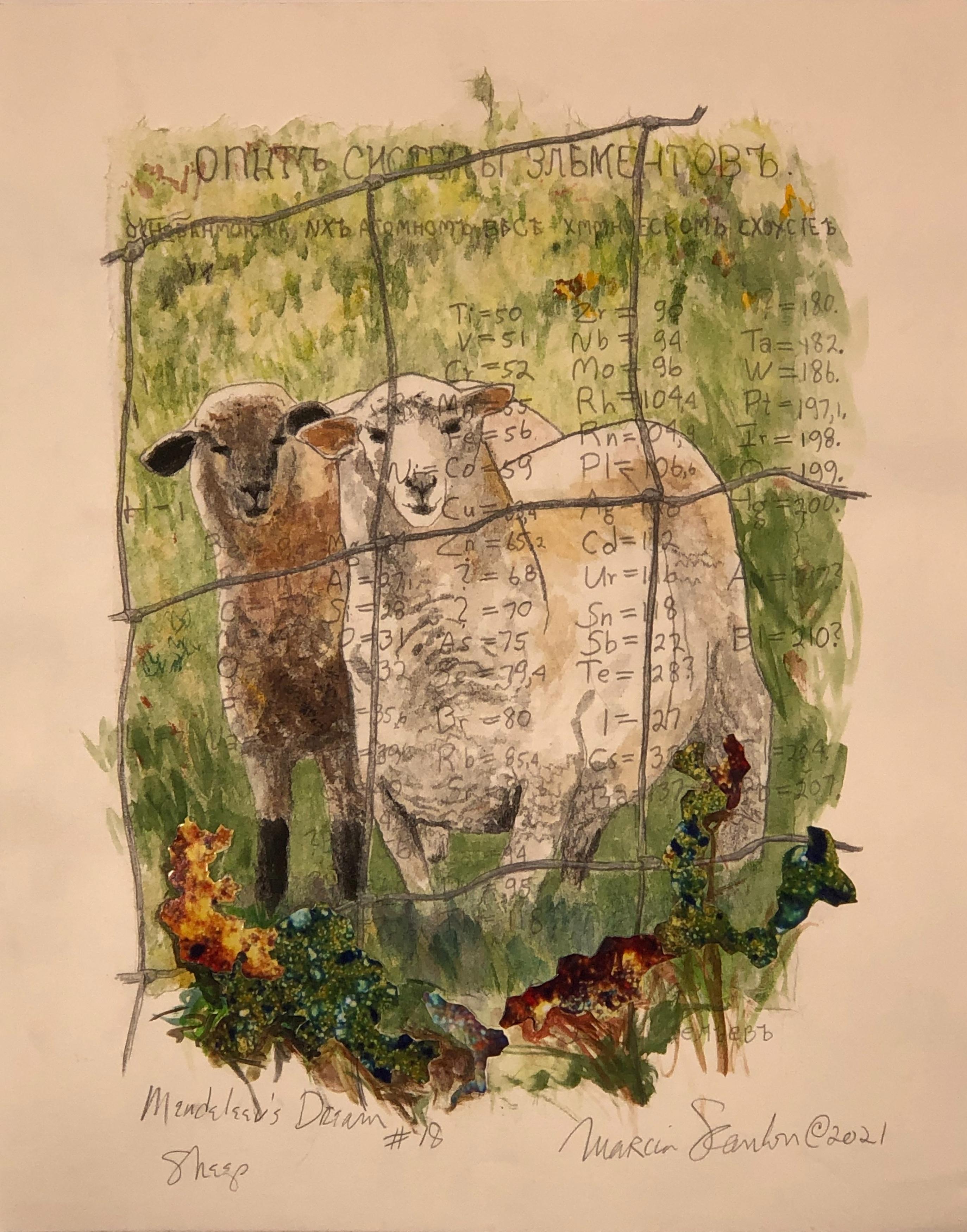 Marcia Scanlon Animal Art - Sheep, Mendeleev’s Dream, Watercolor, Photocollage, Pencil, Ink on Layered paper