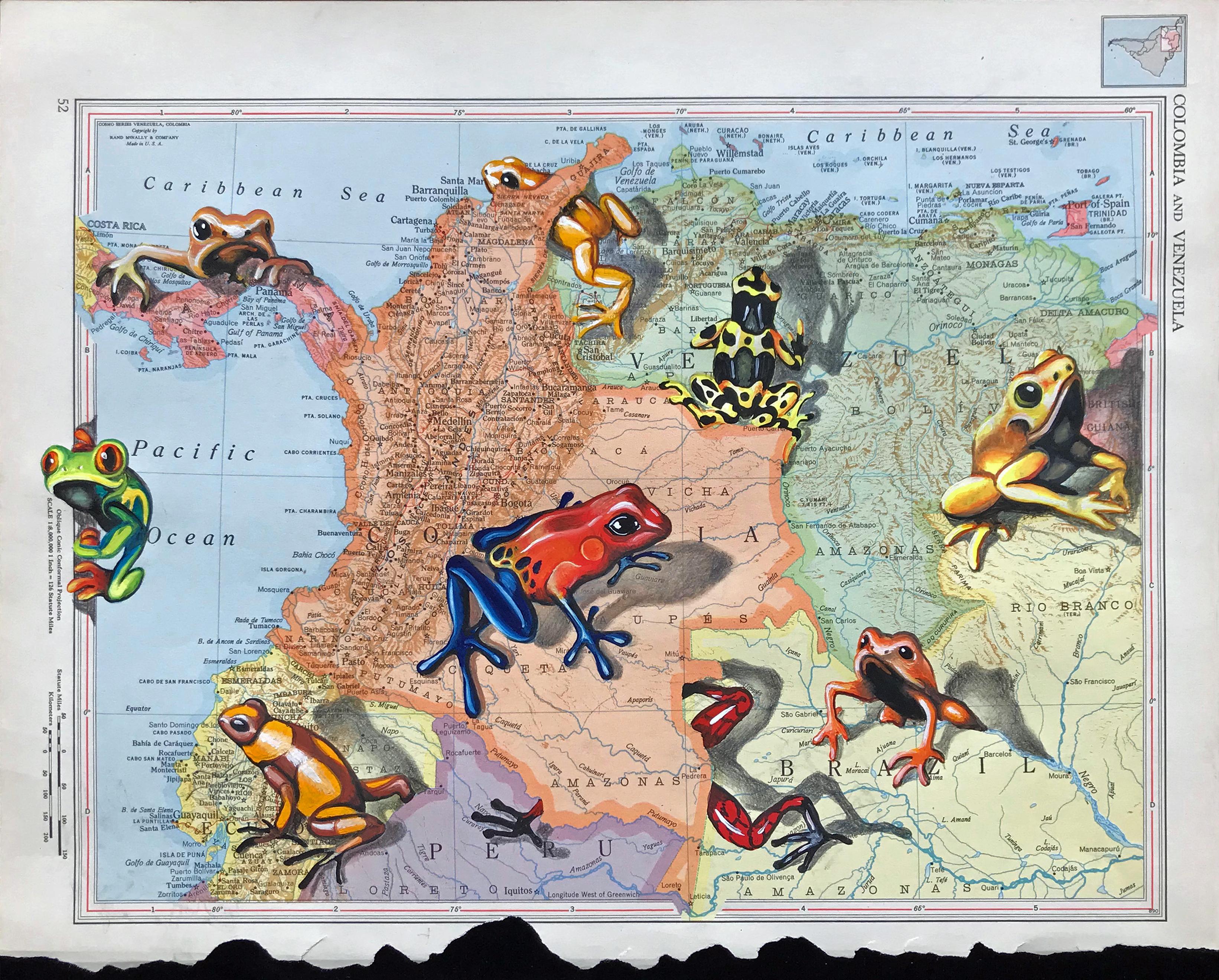 Dart Bored, crayon à gouache et graphite sur carte du monde de Rand-McNally de 1946, 2020
