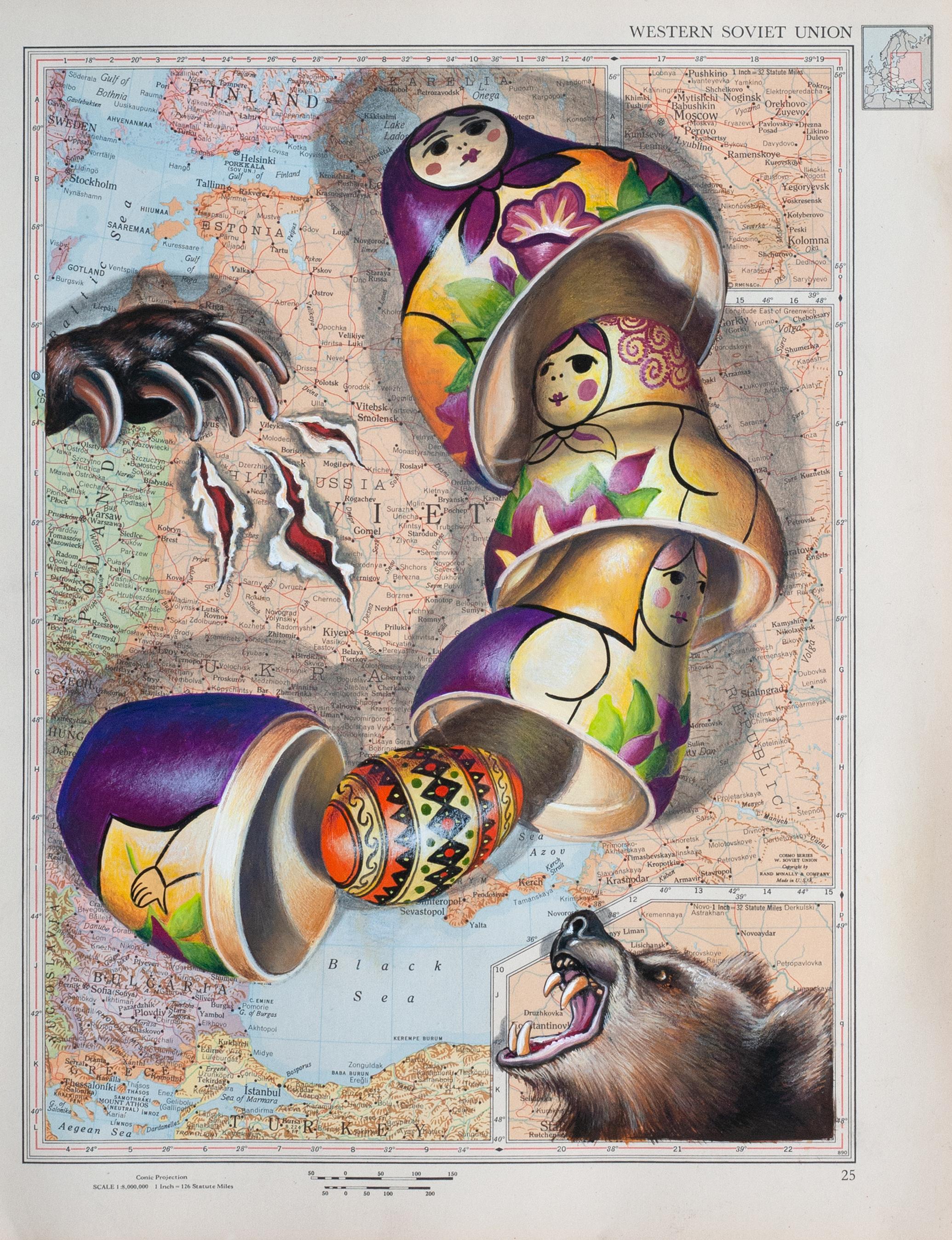 Animal Art Carol Wax - Unbearable crayon à gouache et graphite sur carte du World Atlas de Rand-McNally de 1946, 2020