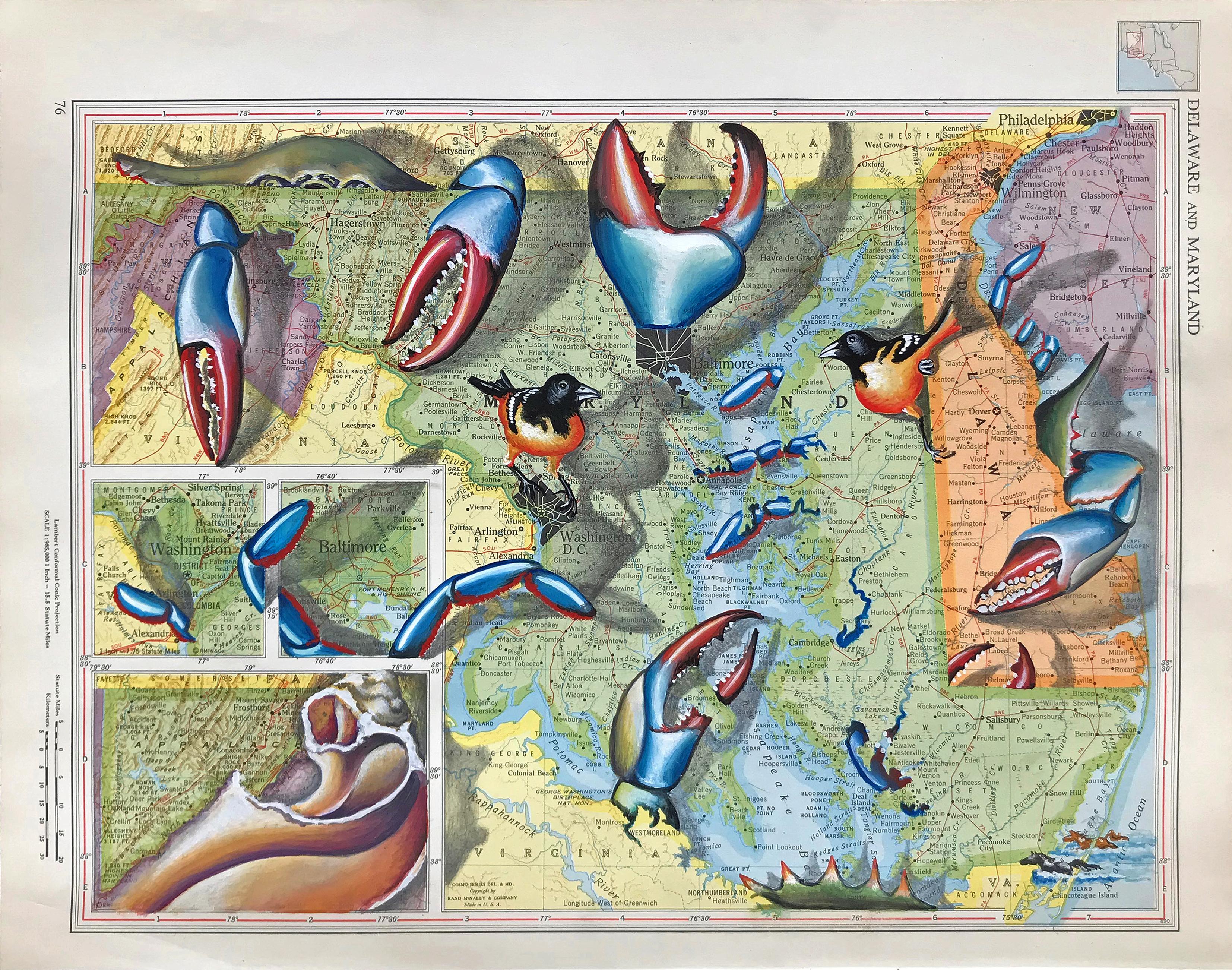 Carol Wax Animal Art - Chesapeake-a-boo, Gouache & Graphite Pencil on 1946 Rand-McNally World Atlas Map
