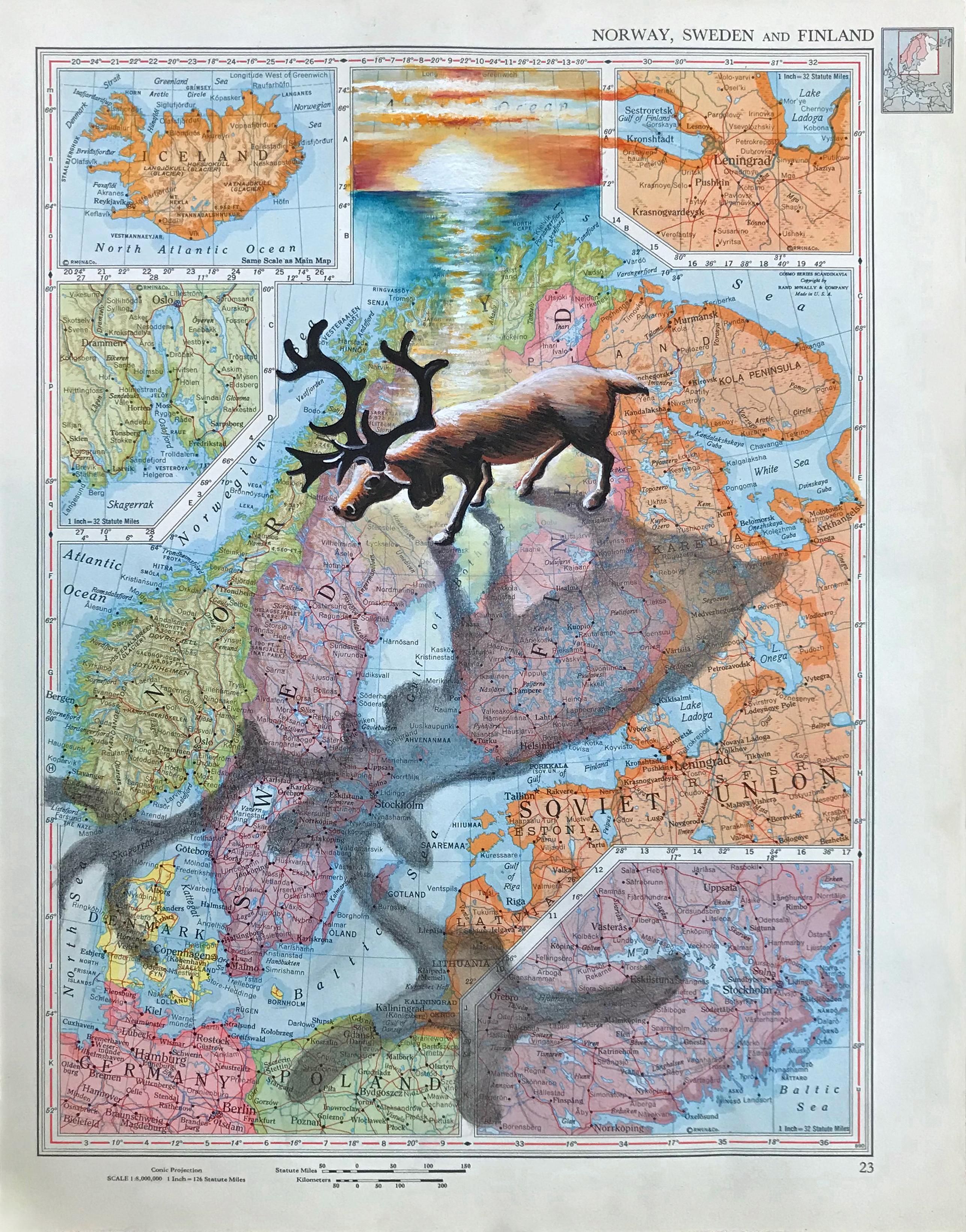 Carol Wax Animal Art - Midnight Sun, Gouache and pencil on 1946 Rand-McNally World Atlas Map, 2020 