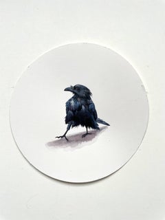 Raven 1, portrait miniature d'oiseau réaliste à la gouache sur papier, 2023