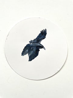 Raven 2, realistisches Miniaturporträt eines Vogels, Gouache auf Papier, 2023