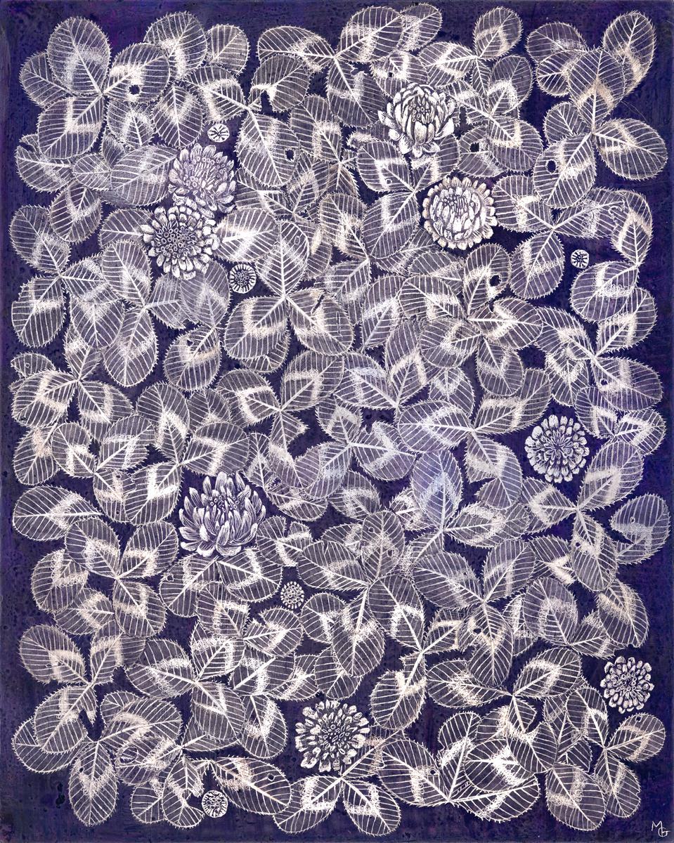 Margot Glass Still-Life – Kleeblatt 5, 2023, Graphit auf vorbereiteter Tafel, botanische Stillleben-Zeichnung