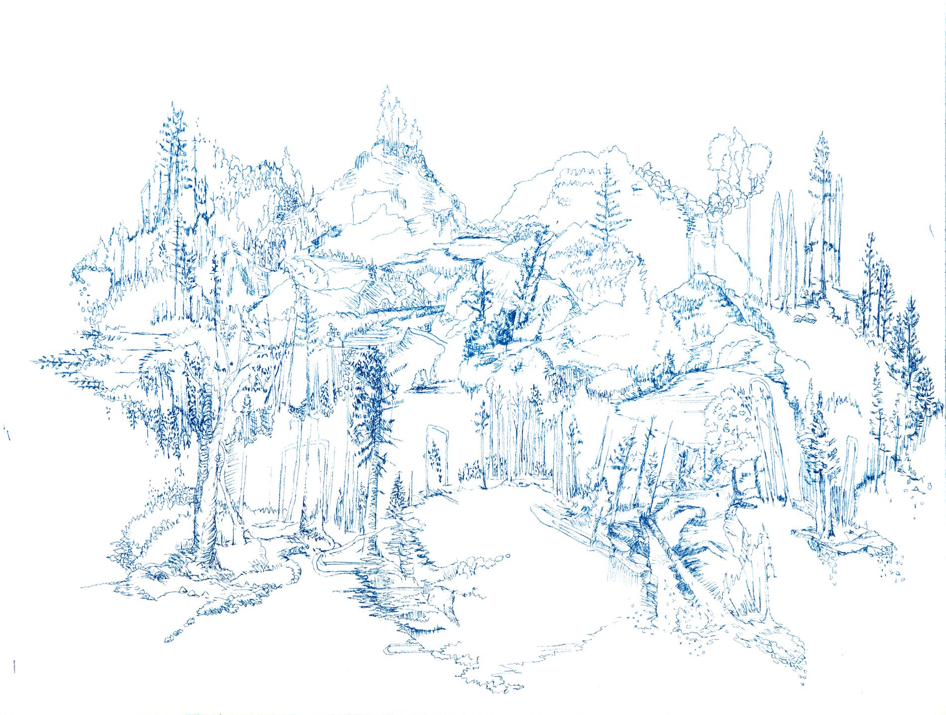 Kathleen Beausoleil, Renew, 2018, blue ink on paper, landscape drawing
