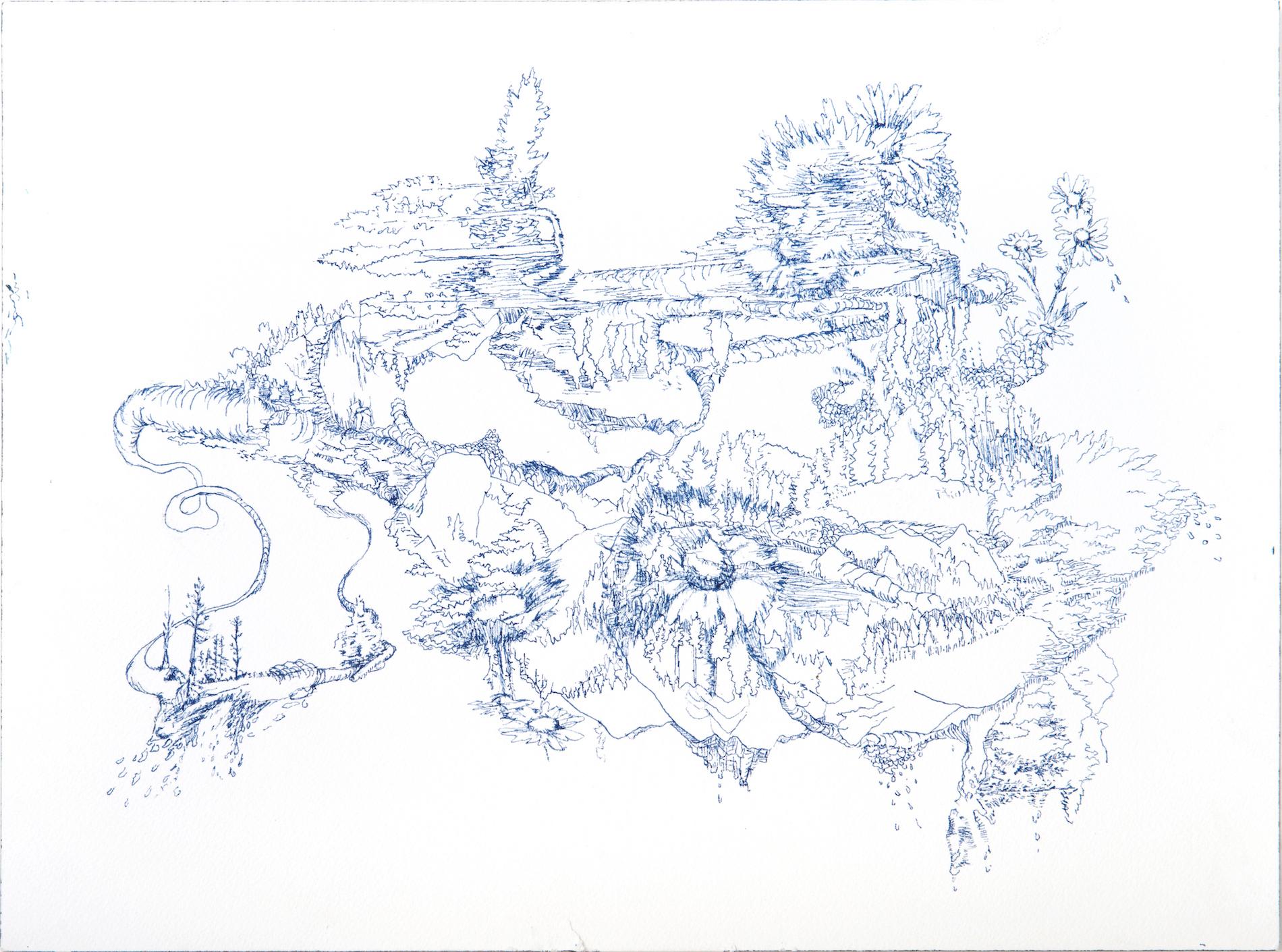 Kathleen Beausoleil, Rejuvinate, 2013, blue ink on paper, landscape drawing