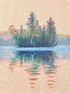 Le matin d'île d'île, dessin de paysage abstrait et vibrant au crayon coloré