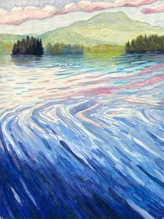 Lake Swollen, dessin de paysage abstrait au crayon et à la gouache colorés