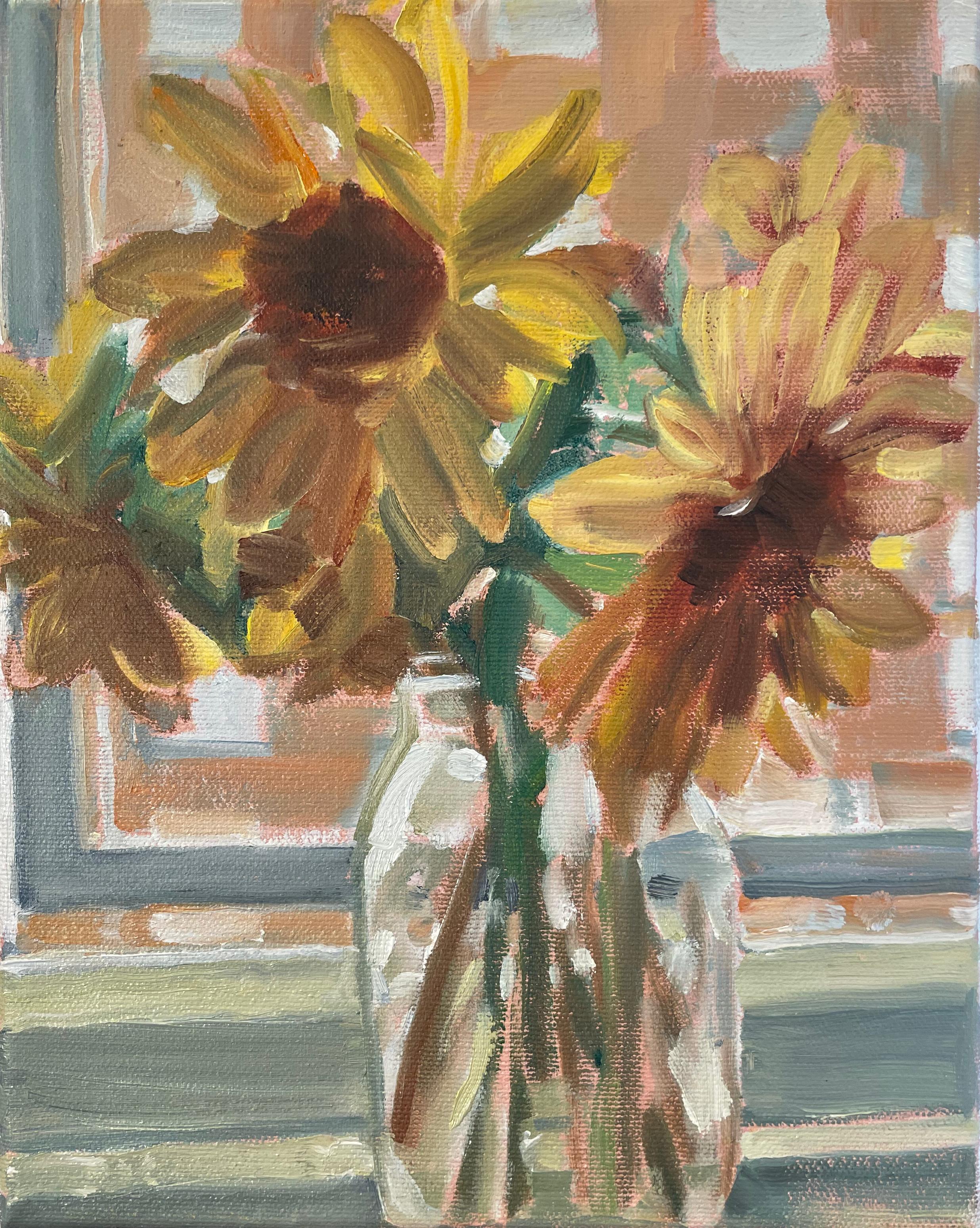 Still-Life di Daisy Craddock - Just Go (Sunflowers), 2020, olio su tela, giallo, natura morta floreale