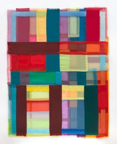 Flux, 2024, vibrant, jewel-like, diaphanous strips of fabric collages
