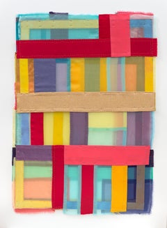 Used Frame, 2024, vibrant, jewel-like, diaphanous strips of fabric collages